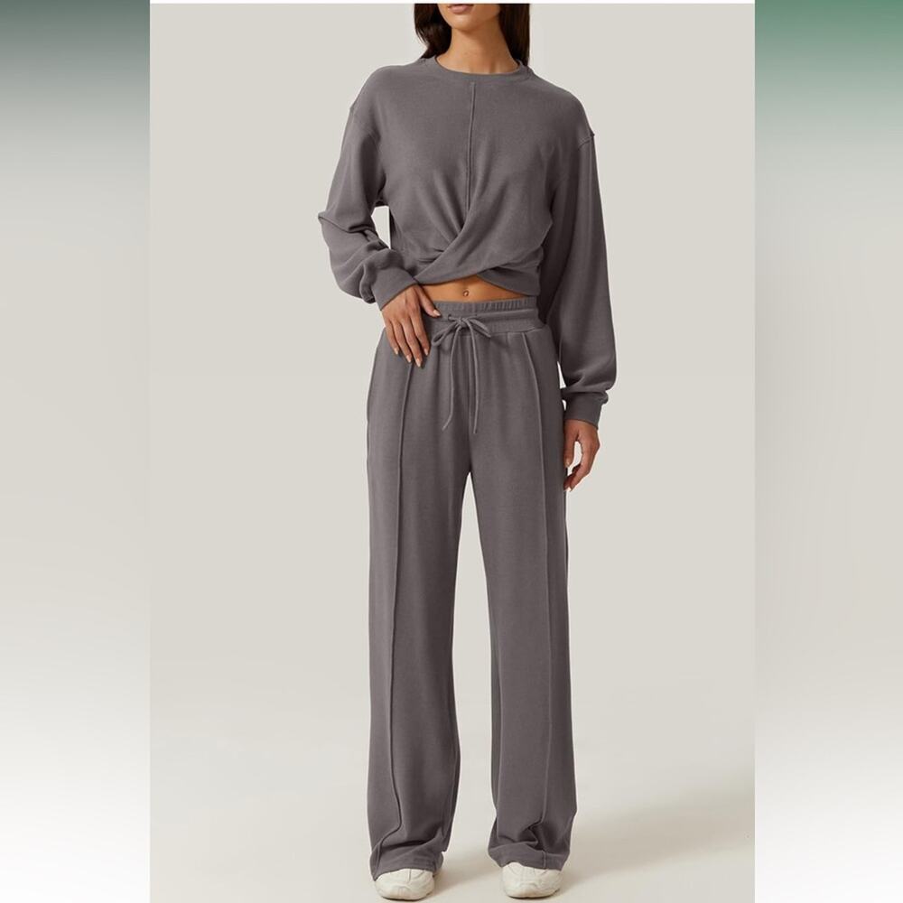Women 2 Piece Outfits Sweatpants Set Twist Front Cropped Sweatshirt Wide Leg M - Picture 3 of 5